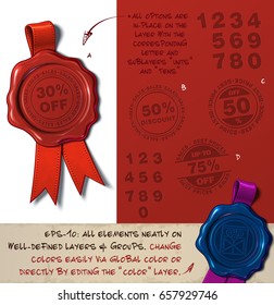 Vector Illustration of a wax seal with a set of stamps regarding Percent Off and Discount subjects. All design elements neatly on well-defined layers and groups 