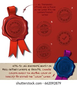 Vector Illustration of a wax seal with a set of stamps regarding Quality Product subjects. All design elements neatly on well-defined layers and groups 