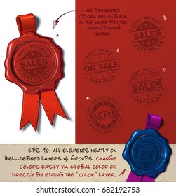 Vector Illustration of a wax seal with a set of stamps regarding Sales and Tax Free subjects. All design elements neatly on well-defined layers and groups 