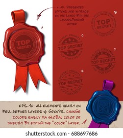 Vector Illustration of a wax seal with a set of stamps regarding  Top Secret subjects. All design elements neatly on well-defined layers and groups 