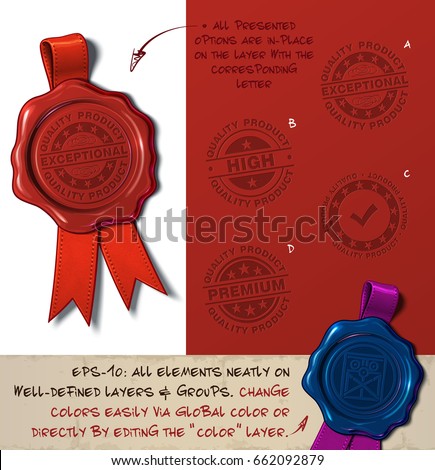 Vector Illustration of a wax seal with a set of stamps regarding Quality Product subjects. All design elements neatly on well-defined layers and groups 