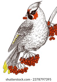 Ilustración vectorial de una cera en una rama romana de invierno con estilo de grabado