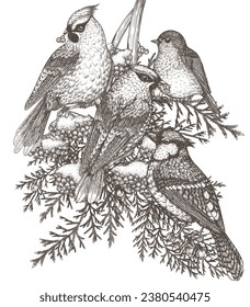 Vector illustration of waxwing, robin and blue jay on branch of snow rowan and juniper in engraving style