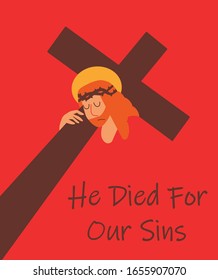 Vector illustration of Way of the Cross. Jesus Christ crucified carries a cross. He died for our sins. Bible religious children illustration for Easter and Christian family design and greeting cards.