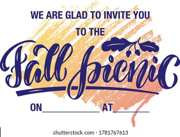 Vector illustration of we are glad to invite you to the fall picnic lettering for banner, advertisement, poster, invitation, web design or print. Handwritten text with copy space on orange background