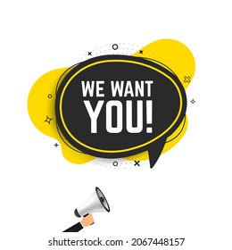 Vektorgrafik, die wir Ihnen mit Megaphone wünschen. Moderne Web-farbige Banner-Sprechblase, Werbe- und Marketingaufkleber