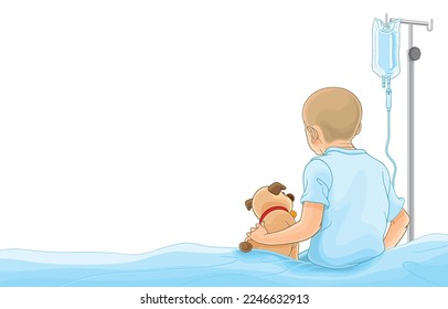 Vector illustration of weak children hairless after chemotherapy with receiving saline solution from bag sitting with dog doll on bed looking at empty space,back view,on white.Pediatric cancer therapy