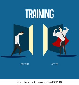 Vector illustration of weak man before training and strong man after training
