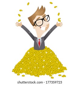 Vector illustration of a wealthy cartoon businessman bathing in a pile of gold coins, smiling and throwing coins up.