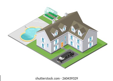 A vector illustration of a wealthy family home. Isometric Mansion House. Mansion House with pool, car and garden.