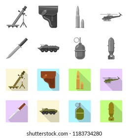 Vector illustration of weapon and gun icon. Collection of weapon and army vector icon for stock.