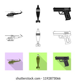 Vector illustration of weapon and gun icon. Set of weapon and army vector icon for stock.