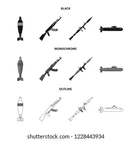 Vector illustration of weapon and gun icon. Set of weapon and army vector icon for stock.