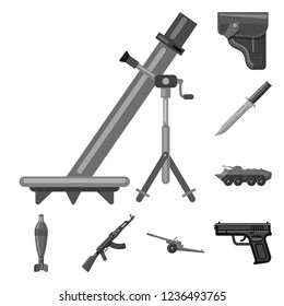 Vector illustration of weapon and gun icon. Set of weapon and army stock vector illustration.