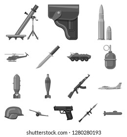 Vector illustration of weapon and gun icon. Set of weapon and army vector icon for stock.