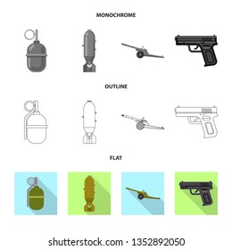 Vector illustration of weapon and gun icon. Set of weapon and army stock vector illustration.