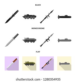 Vector illustration of weapon and gun sign. Collection of weapon and army stock vector illustration.