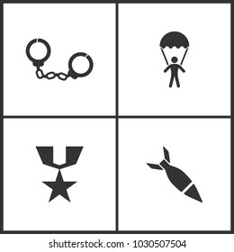 Vector Illustration of Weapon Set Icons. Suitable for use on web apps, mobile apps and print media. Elements of Handcuffs, Military parachutists, War medal and Bomb icon on white background