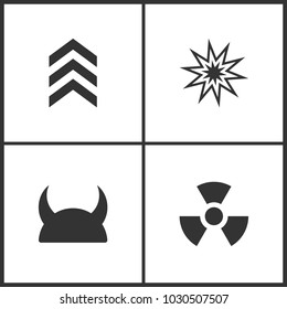 Vector Illustration of Weapon Set Icons. Suitable for use on web apps, mobile apps and print media. Elements of Military symbol, Explosion, Metallic Knight Helmet and Radiation icon on white