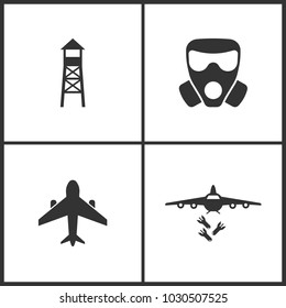 Vector Illustration of Weapon Set Icons. Suitable for use on web apps, mobile apps and print media. Elements of Observation post, Respirator, Airplane and Bombardment icon on white background