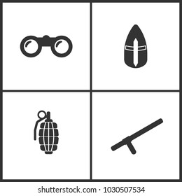 Vector Illustration of Weapon Set Icons. Suitable for use on web apps and mobile apps. Elements of Binoculars, Metallic Knight s Helmet, Hand grenade and Police baton icon on white background