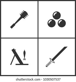 Vector Illustration of Weapon Set Icons. Elements of Spiked cudgel club weapon, Cannon bomb, Mortar and Japanese katana samurai sword icon on white background