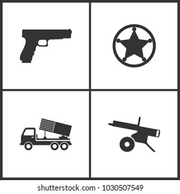 Vector Illustration of Weapon Set Icons. Suitable for use on web apps and mobile apps. Elements of Pistol Gun, Sheriff star, Howitzer, Rocket artillery and Machine gun icon on white background