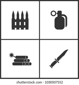 Vector Illustration of Weapon Set Icons. Elements of Automatic rifle bullet belts, Hand grenade, Dynamite and Military or army knife icon on white background