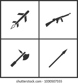 Vector Illustration of Weapon Set Icons. Elements of Cruise missile, Machine Gun, Viking military iron halbert and Medieval spear weapon with pointed head icon on white background