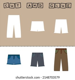 Vector illustration of wear with shadows. paper game for the development of preschoolers. Cut out parts of the image and glue pants, shorts, breeches. Fun game for kids and kids