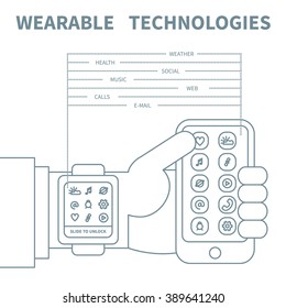 Vector illustration of wearable technology. Hand with smart watch and mobile phone. Linear design on isolated background. Concept for modern gadget and devices, internet of things.