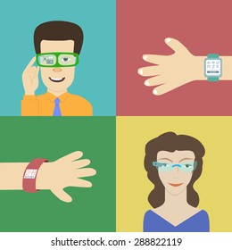 Vector illustration of wearable technology. Man and woman wearing smart glasses. Hands with an activity tracker and smart watch. Cartoon style on isolated background.