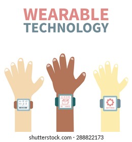 Vector illustration of wearable technology: smart watches and an activity tracker. Isolated background. Cartoon style.