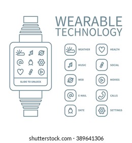 Vector illustration of wearable technology: smart watch and set of 12 icon for various applications. Linear design on isolated background. Concept for modern gadget and devices, internet of things.