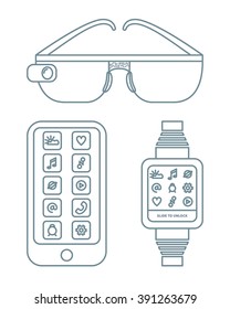 Vector illustration of wearable technology. Smart watch, smart glasses and mobile phone. Linear design on isolated background.