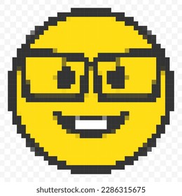 Ilustración vectorial del uso de emoticonos de gafas en un estilo de videojuego de 8 bits con arte de píxeles. Diseño sencillo sobre fondo transparente (PNG).