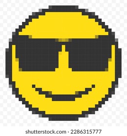 Ilustración vectorial del uso de emoticonos de gafas en un estilo de videojuego de 8 bits con arte de píxeles. Diseño sencillo sobre fondo transparente (PNG).