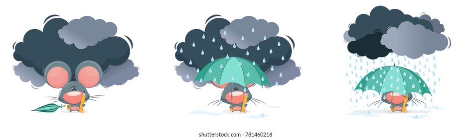A vector illustration weather forecast, rain, shower, clouds, mouse with an umbrella, icon
