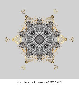 Vector illustration. Weather illustration ice collection. Winter gray and yellow christmas snow flat crystal element. Xmas frost snow flake isolated silhouette symbol. Snowflake vector background.
