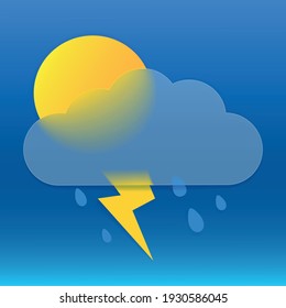 Vector illustration. Weather icon of with cloud in style glass morphism, effect frosted glass, sun, lightning and raindrops isolated on blue background. Eps 10.