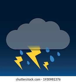 Ilustración vectorial. Icono del clima de con la nube en morfismo de vidrio estilo, efecto vidrio esmerilado, relámpago y gotas de lluvia aisladas en el fondo oscuro. Eps 10.