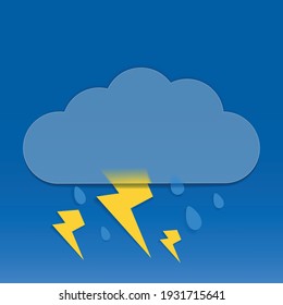 Vector illustration. Weather icon of with cloud in style glass morphism, effect frosted glass, lightning and raindrops isolated on blue background. Eps 10.