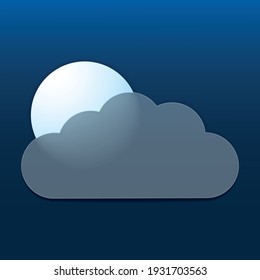 Vector illustration. Weather icon with the image of the moon and cloud in the style of glass morphism, effect frosted glass, isolated on dark background. Eps 10.