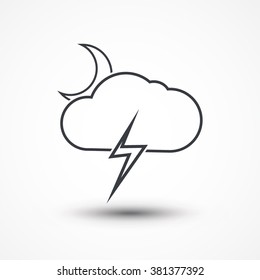 Vector illustration of weather icon - moon with cloud, lightning in the night sky