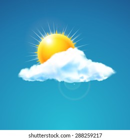 Vector illustration of weather icon - sun with cloud floats in the sky