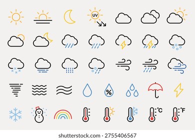 Vector illustration of weather icons, including sun, clouds, rain, snow, wind, and temperature symbols, in a minimalist and colorful design.