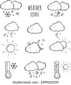 Vector illustration of weather icons set. Sun, cloud, cloudy, rain, snow, thunderstorm, thunder, storm, wind, hot and cold temperature thermometer. Vintage hand drawn style.