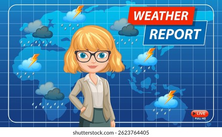 Ilustración vectorial de un informe de Clima con un presentador de dibujos animados, con nubes tormentosas y rayos en un mapa global