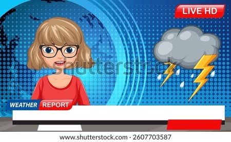 Vector illustration of a weather report with a cartoon presenter and storm graphics, featuring vibrant colors and modern design