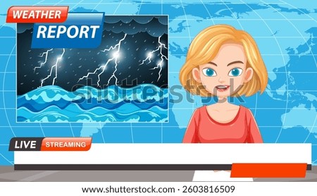 Vector illustration of a weather report with a smiling presenter and stormy background, ideal for media and educational use